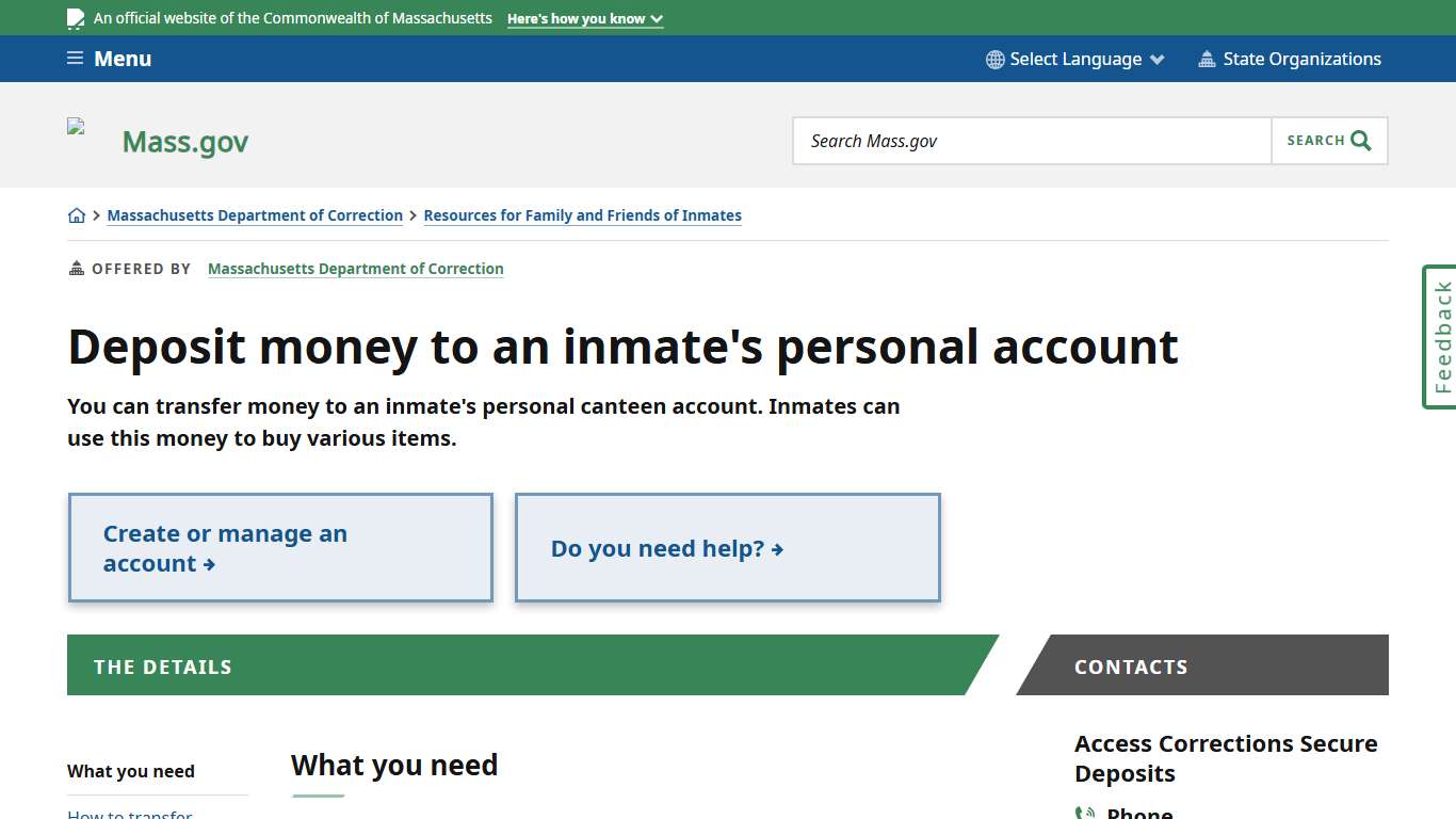 Deposit money to an inmate's personal account | Mass.gov